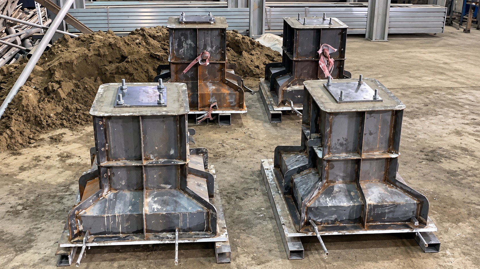模具整備：鋼製成型模具與頂部構件的整備照片，實際準備順序依作業安排。